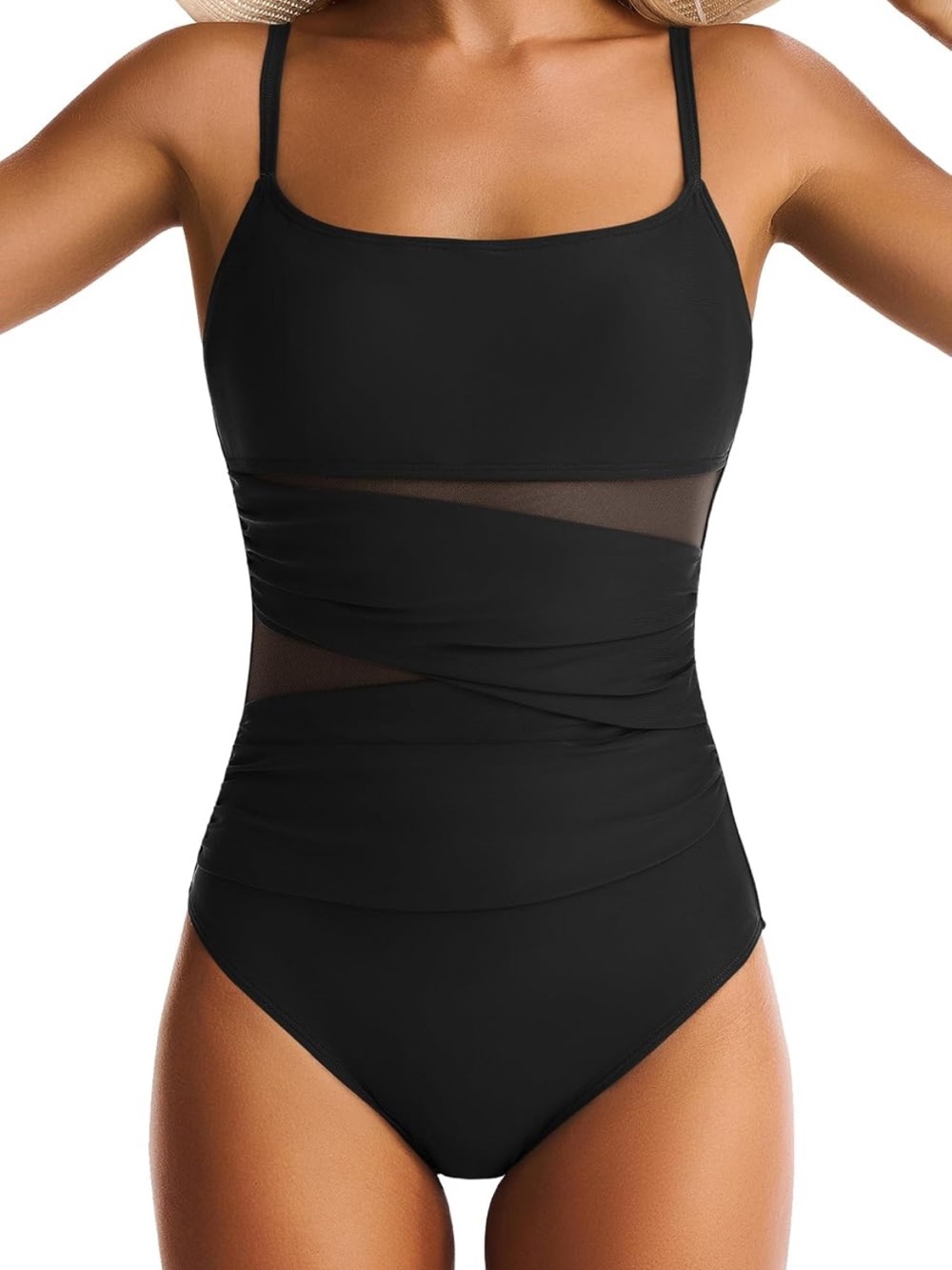 Black Mesh Inset One-Piece Swimsuit - Women Swim